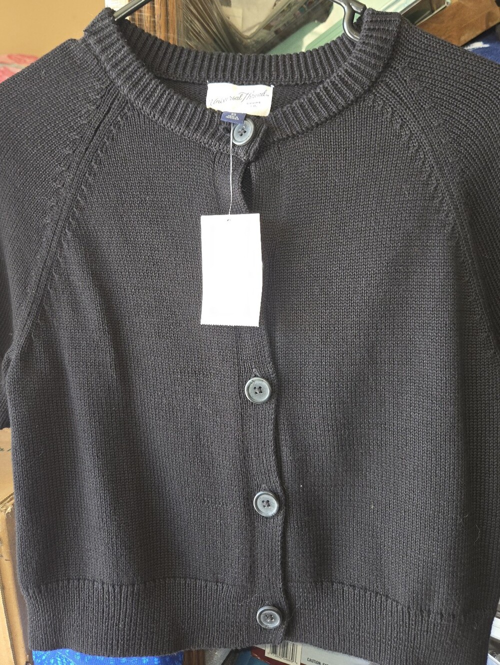Universal Thread Black Short-Sleeve Button-Front Knit Cardigan Xs 100% Cotton